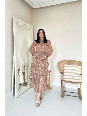 Vizon Valonlu Şeritli Kat Kat Elbise