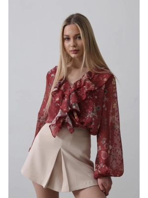 Volanlı Çiçek Desen Şifon Gömlek  Bordo