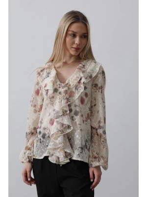 Volanlı Çiçek Desen Şifon Gömlek  Krem