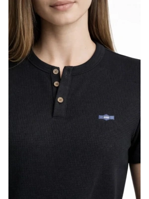 Waffle Dokulu ikralı Henley Yaka Düğmeli Regular Kısa Kollu Thirt  iyah