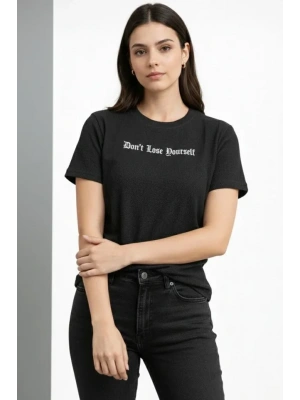 Wafıl Kumaş Tişört Regular Kalıp Bisiklet Yaka Baskılı Günlük Basic Thirt  iyah