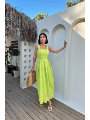 Yağ Yeşili Askılı Aparatlı Brode Elbise