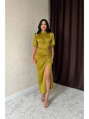 Yağ Yeşili Büzgülü aten Elbise