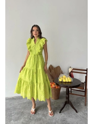 Yağ Yeşili Fırfırlı Düğmeli Elbise