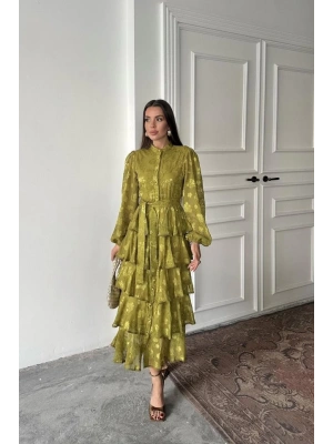 Yağ Yeşili Valonlu Şeritli Kat Kat Elbise