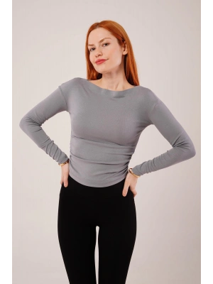 Yaka Detay Uzun Kollu Basic Gri Bluz