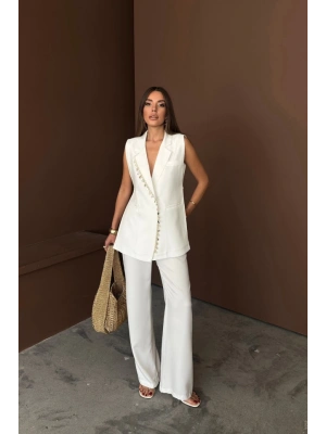 YAKA İDYE KABUĞU IRALI YELEK  PANTOLONTAKI KETEN KUAŞ  Beyaz