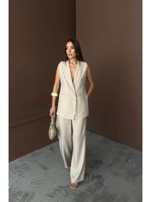 YAKA İDYE KABUĞU SIRALI YELEK  PANTOLONTAKI KETEN KUAŞ  Ham