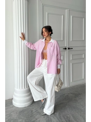 YAKA VE ANŞET BEYAZBOYFRİEND ÇİZGİİPOPİN GÖEK  Pembe