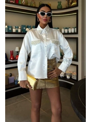 Yaka Ve Cep İnci Taşlı aten Gömlek 3423