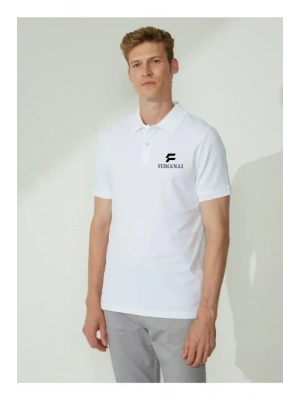 Yakası Düğmeli Yakalı Pike Baskılı Thirt  Beyaz