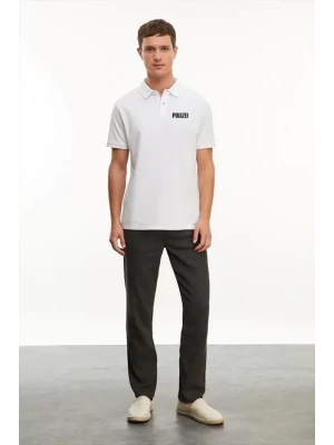 Yakası Düğmeli Yakalı Pike Baskılı Thirt  Beyaz