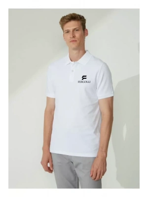 Yakası Düğmeli Yakalı Pike Baskılı Thirt  Beyaz