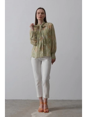 Yakası Fularlı Şifon Gömlek  Fıstık Yeşili