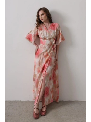 Yandan Bağlamalı Desenli Elbise  Pembe