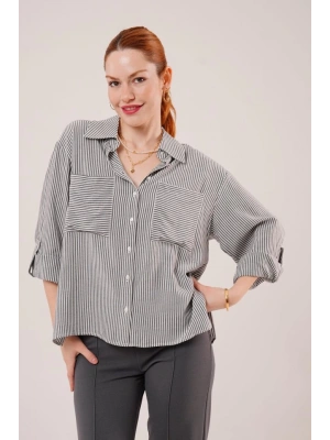 Yarasa Kol Çizgili Cep Detaylı Gri Gömlek