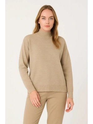 Yarım Boğaz Triko Kazak Yumuşak Dokulu Pamuklu Ince Dokuma, Uzun Kollu Rahat Regular Kalıp  Bej