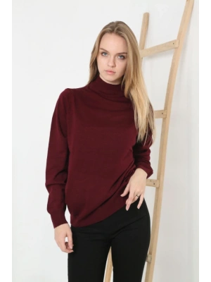 Yarım Boğaz Triko Kazak Yumuşak Dokulu Pamuklu Ince Dokuma, Uzun Kollu Rahat Regular Kalıp  Bordo