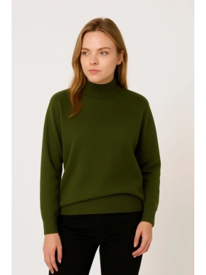 Yarım Boğaz Triko Kazak Yumuşak Dokulu Pamuklu Ince Dokuma, Uzun Kollu Rahat Regular Kalıp  Haki