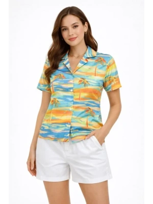 Yazlık Tropikal Desenli Gömlek Şort Takım Rahat Kalıp Tatil Kombin   Desenli