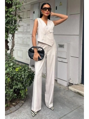 Yeleği Çapraz Detay Düğmeli Cepli Yelekli Takım 10150