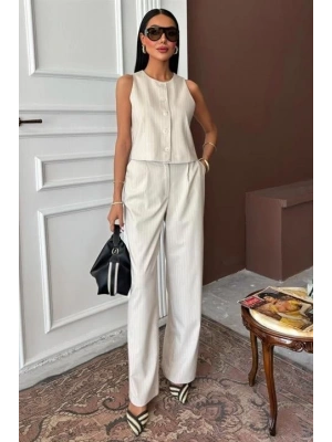 Yelek Plazzo Pantolon Çizgili Flamlı Poliviscon Takım 10178