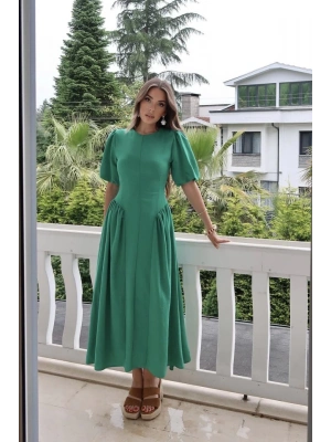 Yeşil Arkadan Bağlamalı Büzgülü Keten Elbise