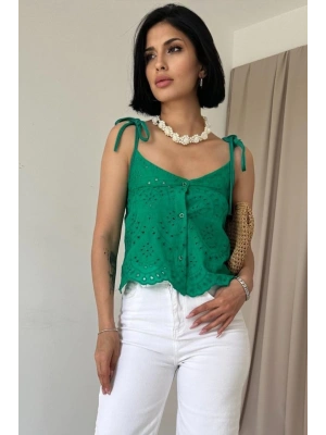 Yeşil Bağcıklı Brode Bluz
