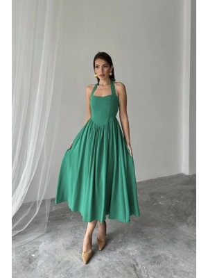 Yeşil Boyundan Bağlamalı Keten Elbise