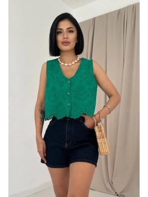 Yeşil ıfır Kol Brode Bluz