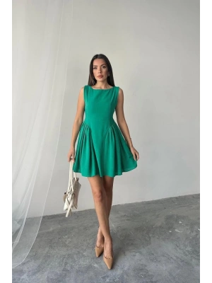 Yeşil ini Boy Büzgülü Keten Elbise