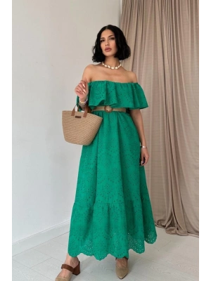Yeşil Omzu Lastikli Brode Elbise