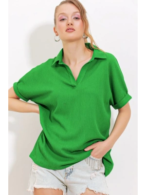 Yeşil Oversize Polo Yaka Örme Bluz 0486