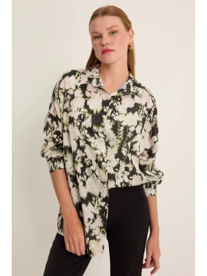 Yeşil Siyah Çiçek Desenli Oversize Saten Gömlek 3985