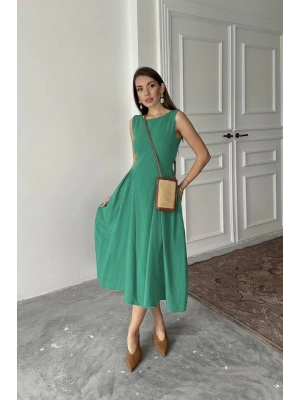 Yeşil Yanları Büzgülü Midi Boy Keten Elbise