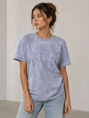 Yıkamalı Washed Effect Tişört Bisiklet Yaka okak til Kısa Kol Thirt  Gri