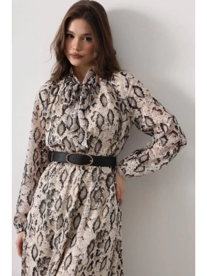 Yılan Desen Uzun Yaka Detaylı Elbise  Kremiyah