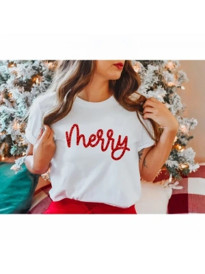 Yılbaşı erry Christmas Baskılı Kısa Kollu Oversize Bisiklet Yaka Tshirt  Beyaz