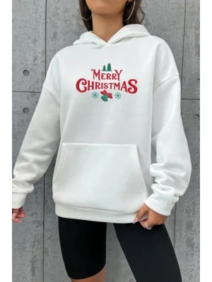 Yılbaşı erry Christmas Baskılı Oversize Kapüşonlu weatshirt Hoodie  Beyaz