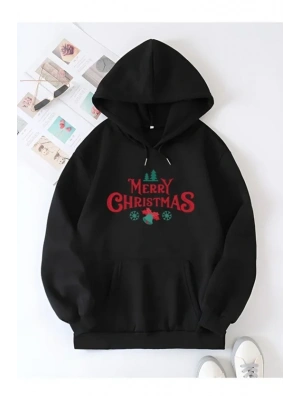 Yılbaşı erry Christmas Baskılı Oversize Kapüşonlu weatshirt Hoodie  iyah