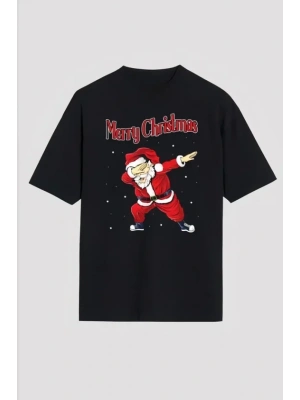 Yılbaşı erry Christmas Noel Baba Baskılı Oversize Bisiklet Yaka Tshirt  iyah