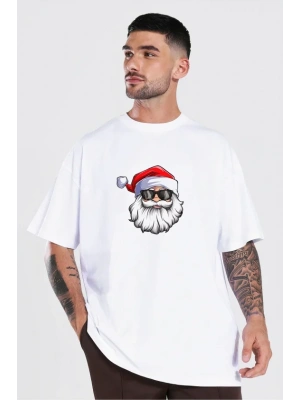 Yılbaşı Gözlüklü Noel Baba Baskılı Kısa Kollu Oversize Bisiklet Yaka Tshirt  Beyaz