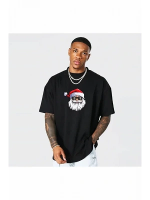 Yılbaşı Gözlüklü Noel Baba Baskılı Kısa Kollu Oversize Bisiklet Yaka Tshirt  iyah