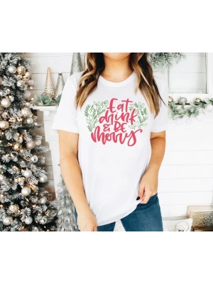Yılbaşı Noel Baskılı Kısa Kollu Oversize Bisiklet Yaka Tshirt  Beyaz