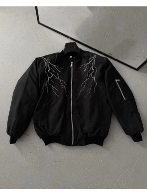 Yıldırım Baskılı Uzun Kol Bomber Ceket  iyah