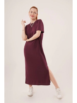Yırtmaç Detaylı Kısa Kollu alaş axi Bordo Elbise