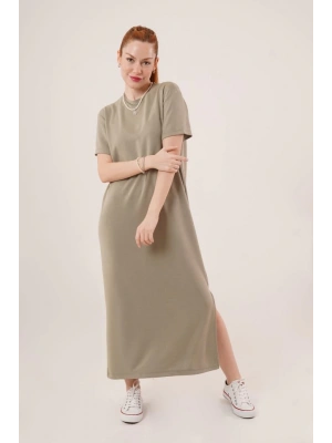 Yırtmaç Detaylı Kısa Kollu alaş axi Yağ Yeşili Elbise