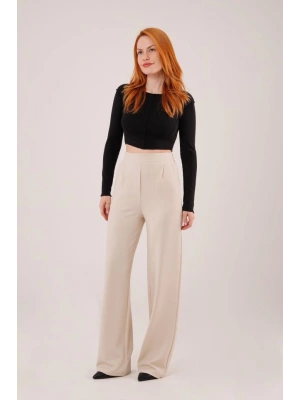 Yüksek Bel Bol Paça Krep Krem Pantolon