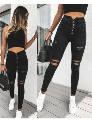 Yüksek Bel Düğme Ve Yırtık Detaylı Kot Pantolon Jean 92cm