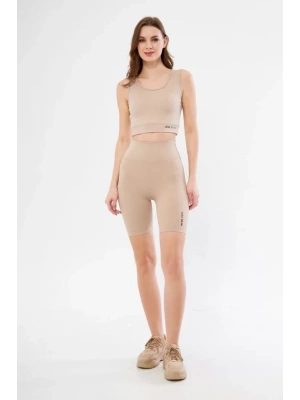 Yüksek Bel Fitilli Croplu Biker Şortlu Takım  Bej
